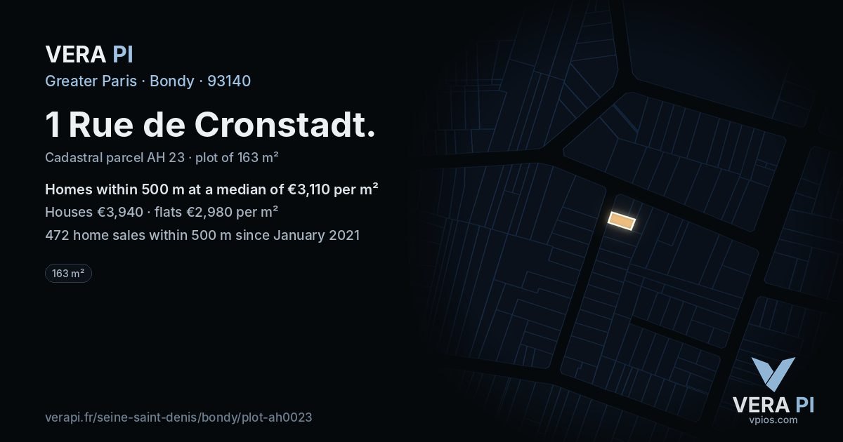 1 Rue de Cronstadt, Bondy at night – the plot lit, the parcels around coloured by the prices near them