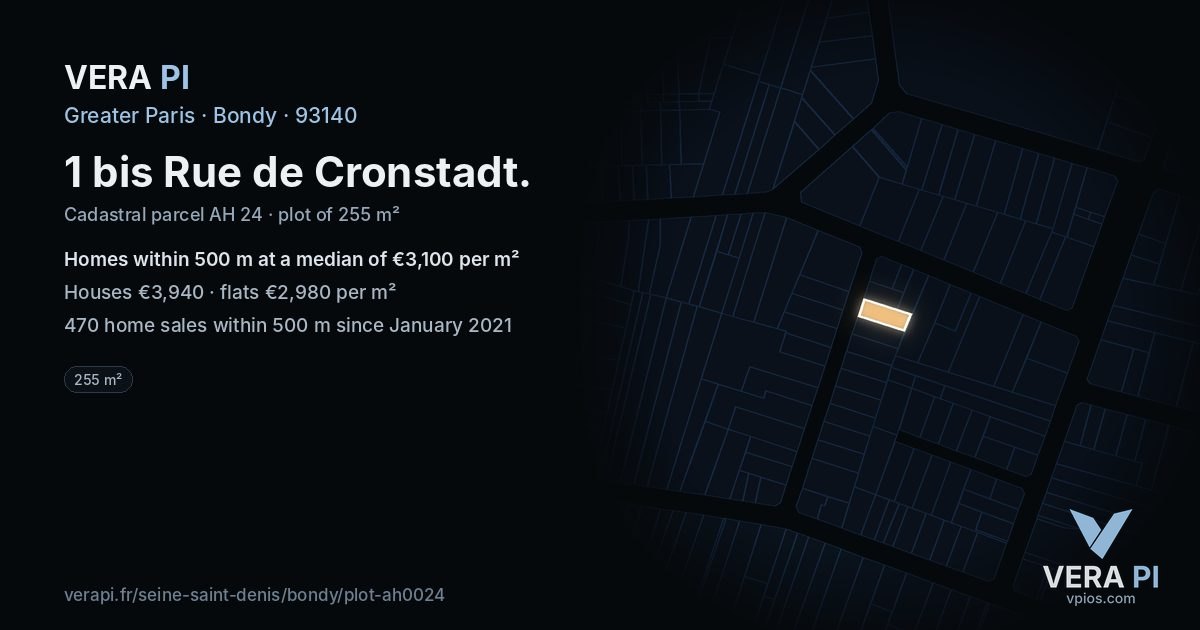 1 bis Rue de Cronstadt, Bondy at night – the plot lit, the parcels around coloured by the prices near them