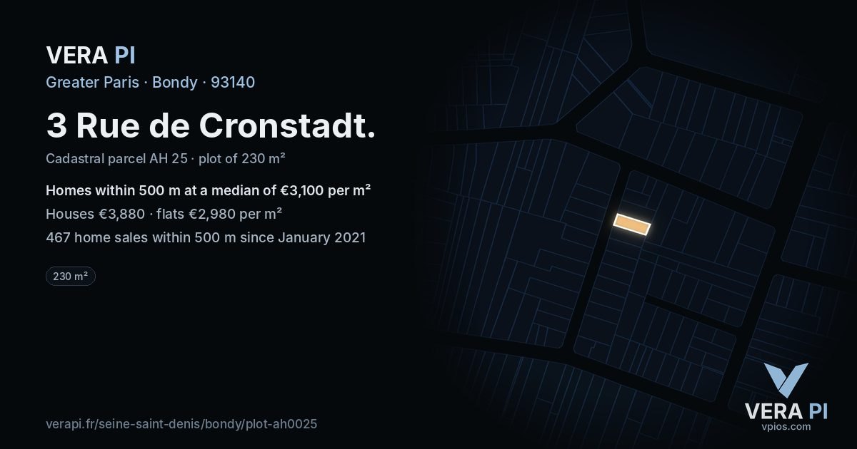3 Rue de Cronstadt, Bondy at night – the plot lit, the parcels around coloured by the prices near them