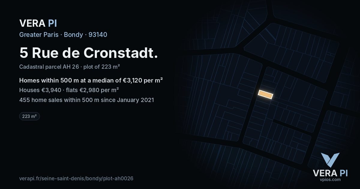 5 Rue de Cronstadt, Bondy at night – the plot lit, the parcels around coloured by the prices near them