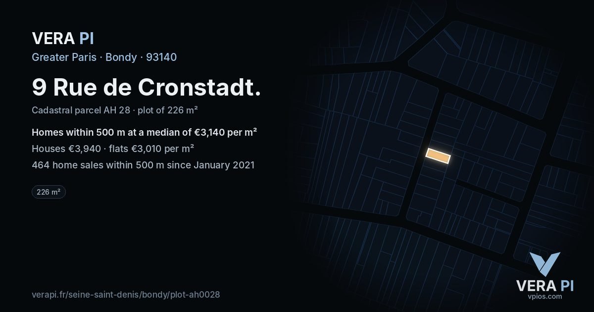 9 Rue de Cronstadt, Bondy at night – the plot lit, the parcels around coloured by the prices near them