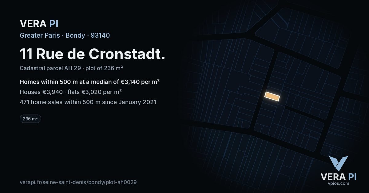 11 Rue de Cronstadt, Bondy at night – the plot lit, the parcels around coloured by the prices near them