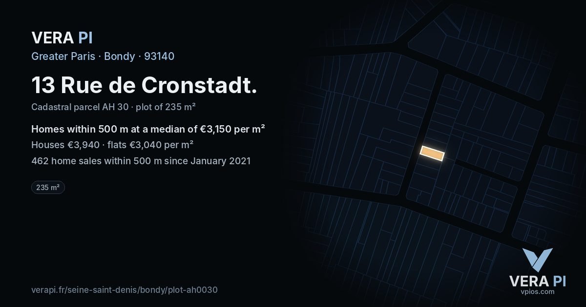 13 Rue de Cronstadt, Bondy at night – the plot lit, the parcels around coloured by the prices near them
