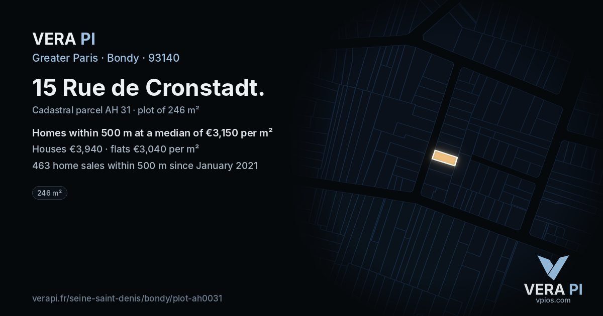 15 Rue de Cronstadt, Bondy at night – the plot lit, the parcels around coloured by the prices near them