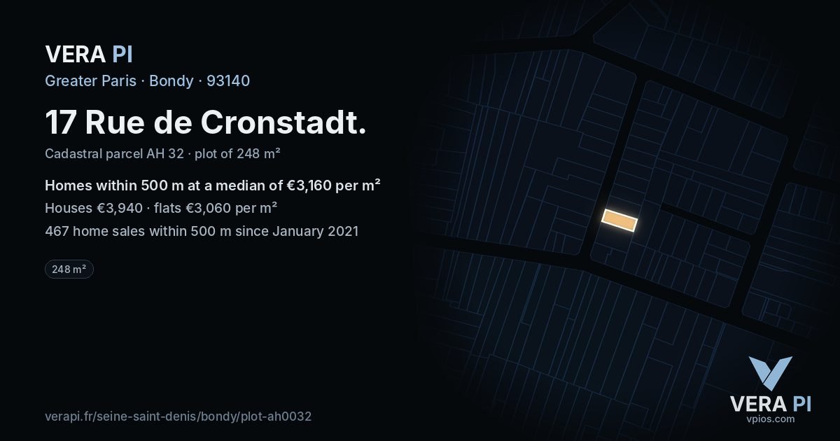 17 Rue de Cronstadt, Bondy at night – the plot lit, the parcels around coloured by the prices near them