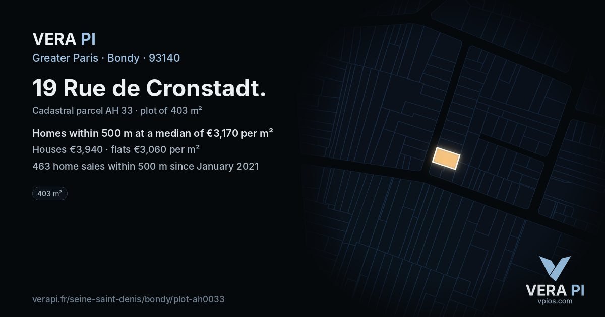 19 Rue de Cronstadt, Bondy at night – the plot lit, the parcels around coloured by the prices near them
