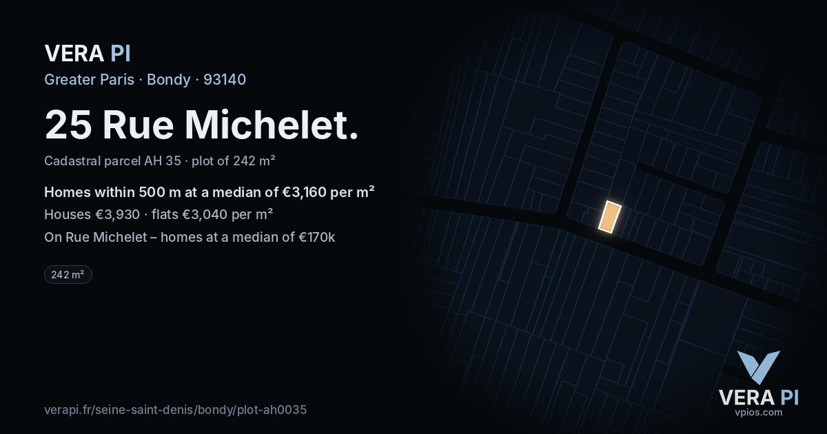25 Rue Michelet, Bondy at night – the plot lit, the parcels around coloured by the prices near them