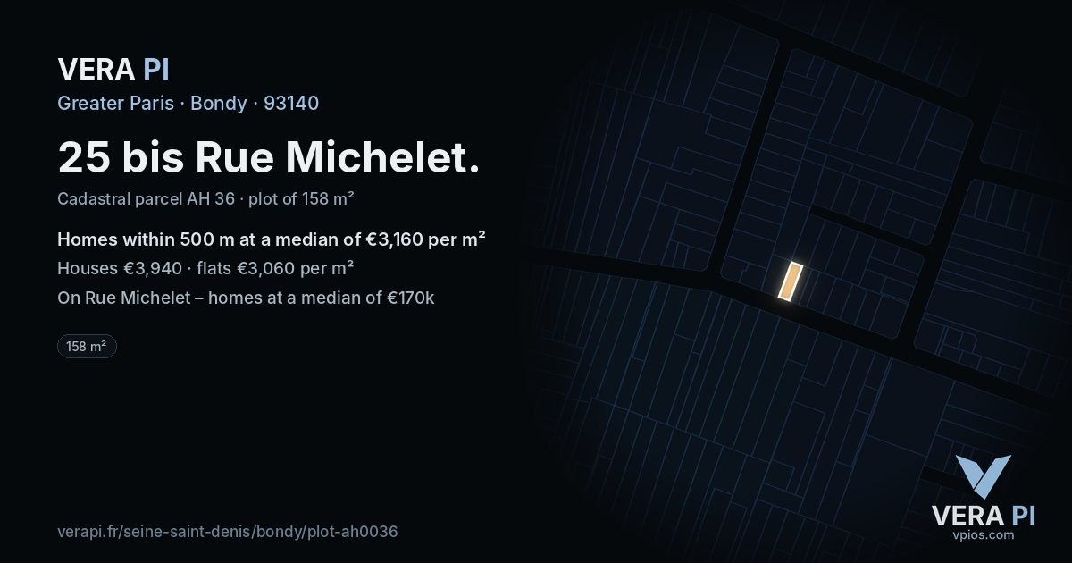 25 bis Rue Michelet, Bondy at night – the plot lit, the parcels around coloured by the prices near them