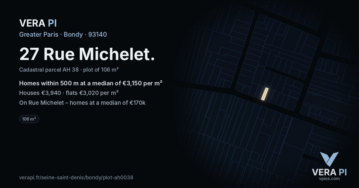 27 Rue Michelet, Bondy at night – the plot lit, the parcels around coloured by the prices near them