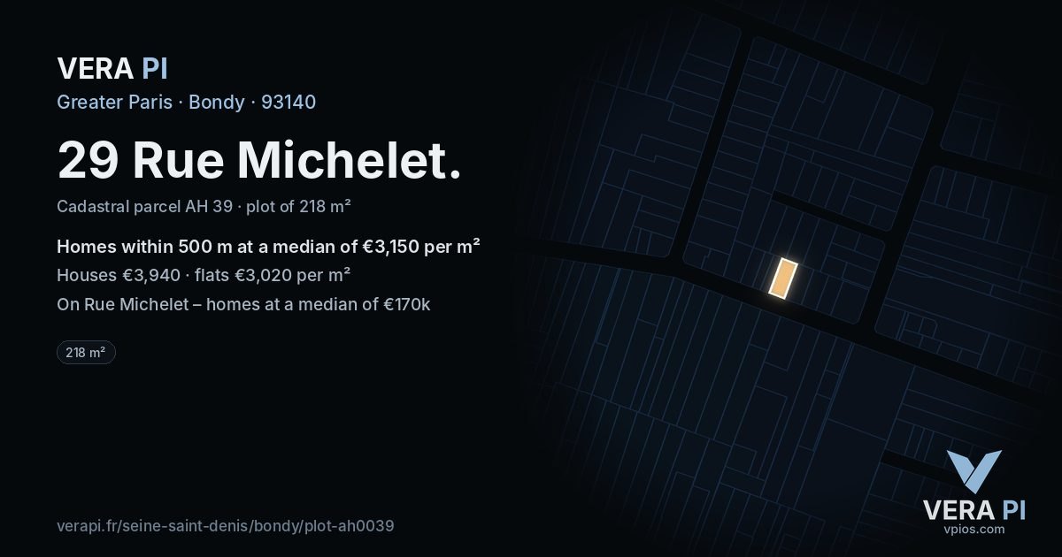29 Rue Michelet, Bondy at night – the plot lit, the parcels around coloured by the prices near them