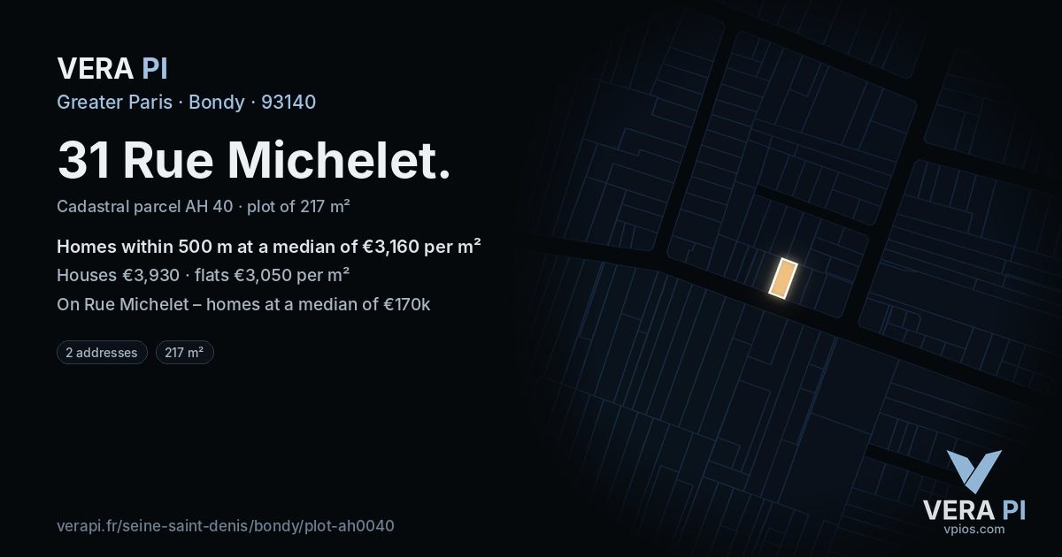 31 Rue Michelet, Bondy at night – the plot lit, the parcels around coloured by the prices near them