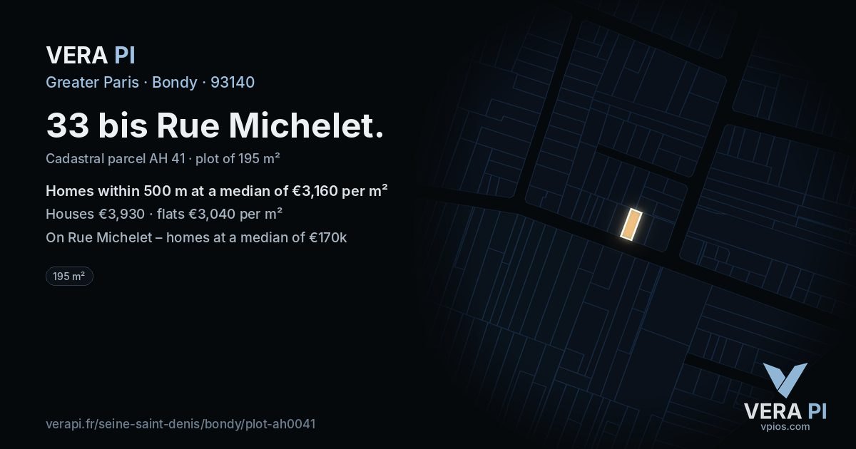 33 bis Rue Michelet, Bondy at night – the plot lit, the parcels around coloured by the prices near them