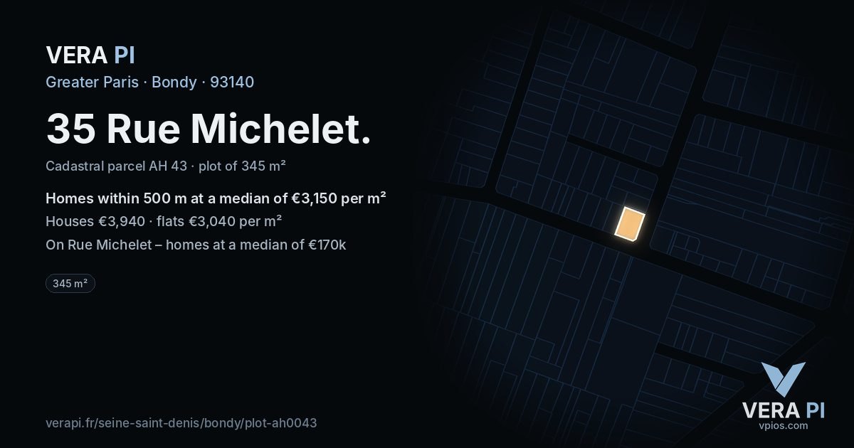 35 Rue Michelet, Bondy at night – the plot lit, the parcels around coloured by the prices near them