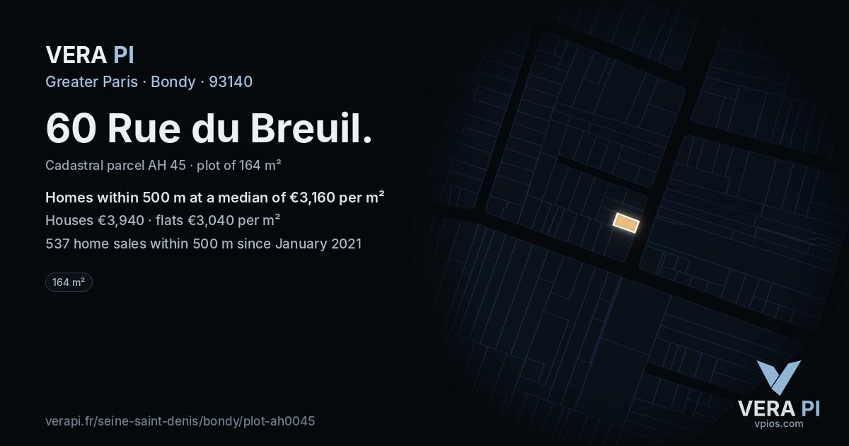 60 Rue du Breuil, Bondy at night – the plot lit, the parcels around coloured by the prices near them