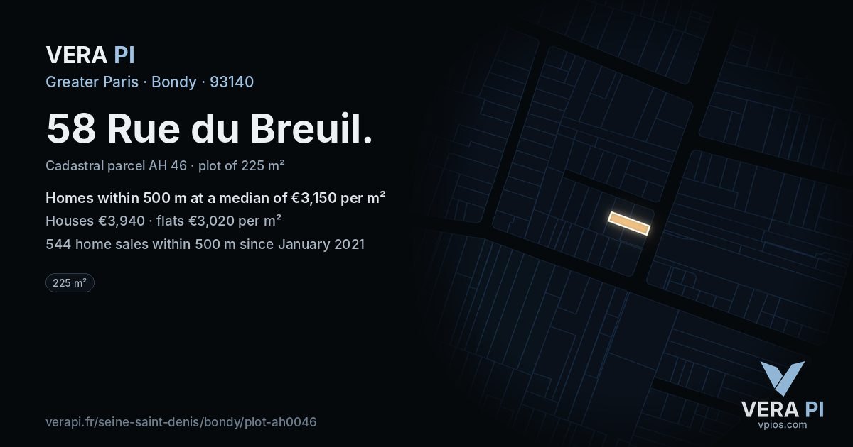 58 Rue du Breuil, Bondy at night – the plot lit, the parcels around coloured by the prices near them