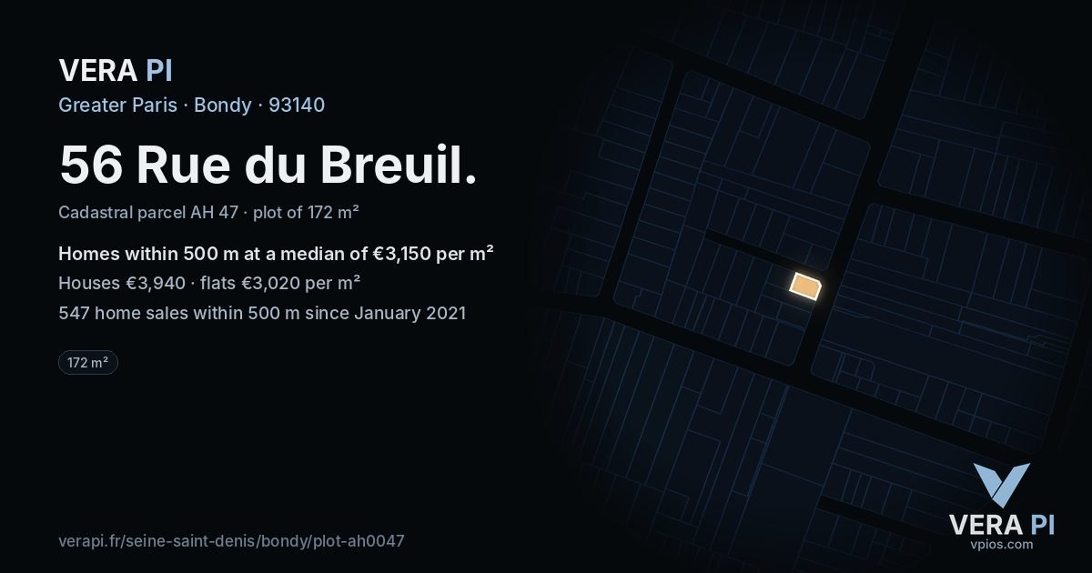 56 Rue du Breuil, Bondy at night – the plot lit, the parcels around coloured by the prices near them
