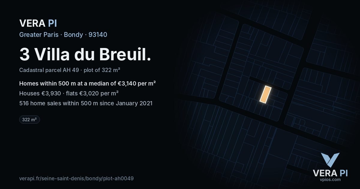 3 Villa du Breuil, Bondy at night – the plot lit, the parcels around coloured by the prices near them