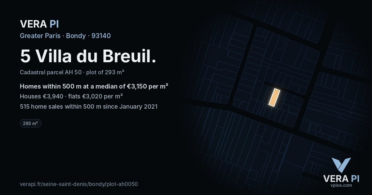 5 Villa du Breuil, Bondy at night – the plot lit, the parcels around coloured by the prices near them