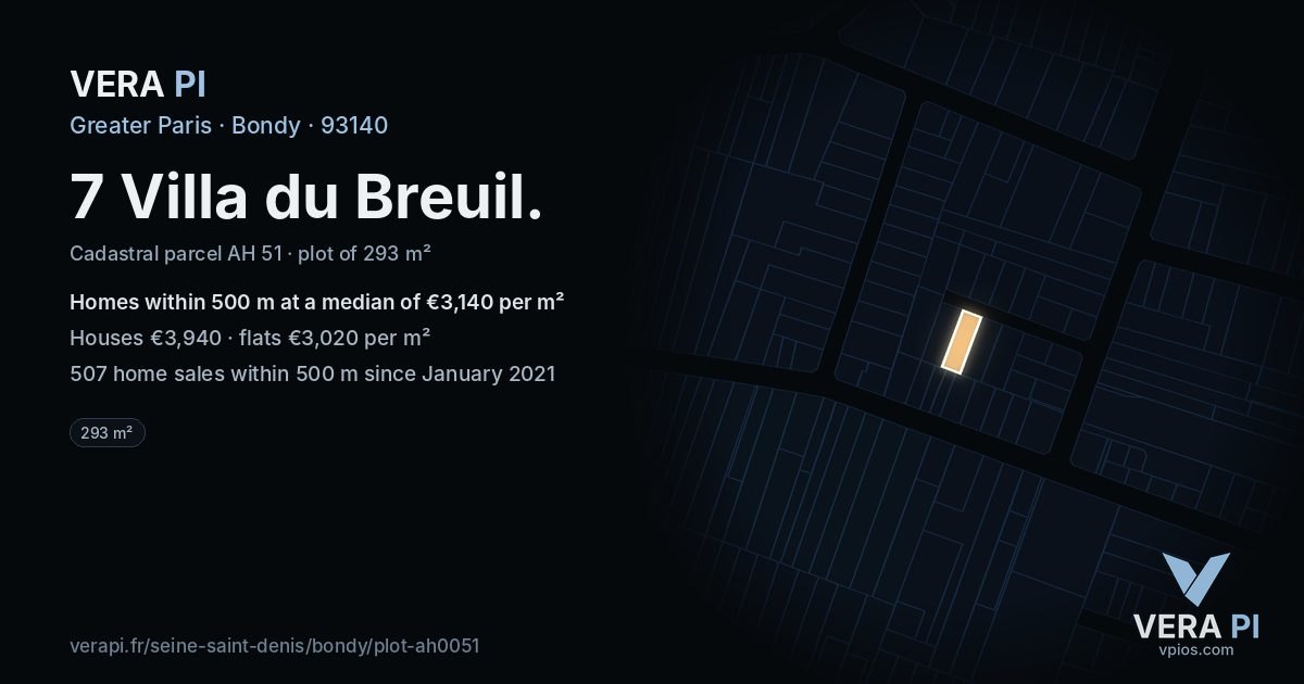 7 Villa du Breuil, Bondy at night – the plot lit, the parcels around coloured by the prices near them