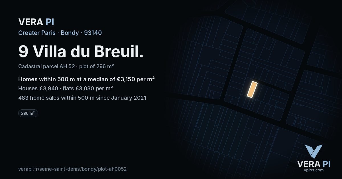 9 Villa du Breuil, Bondy at night – the plot lit, the parcels around coloured by the prices near them