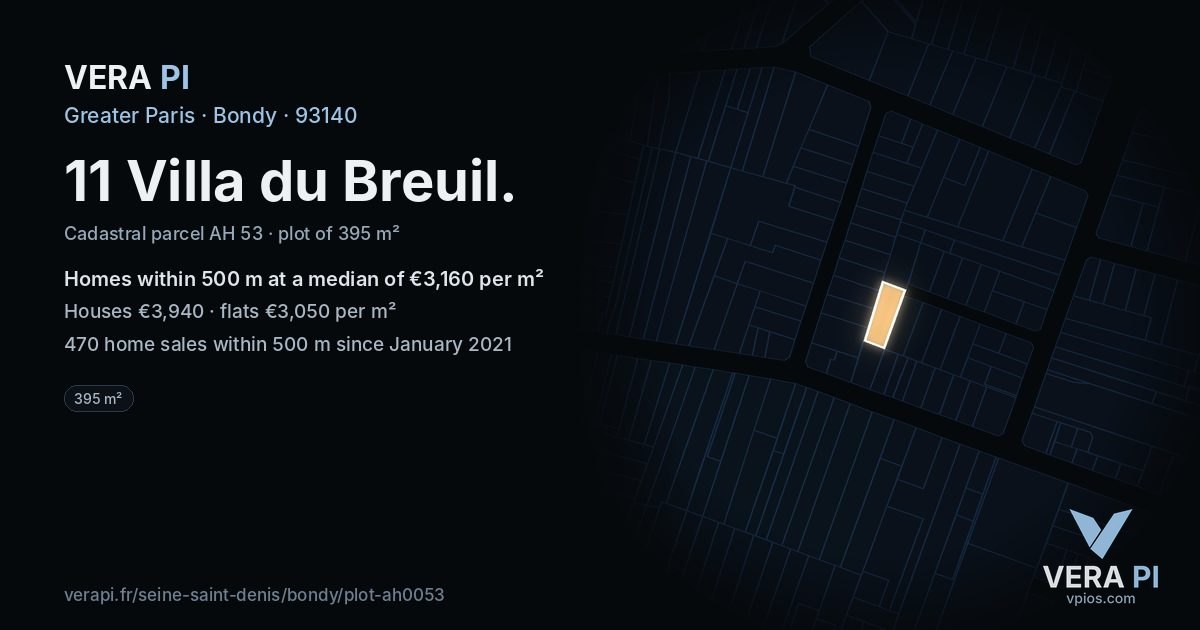 11 Villa du Breuil, Bondy at night – the plot lit, the parcels around coloured by the prices near them