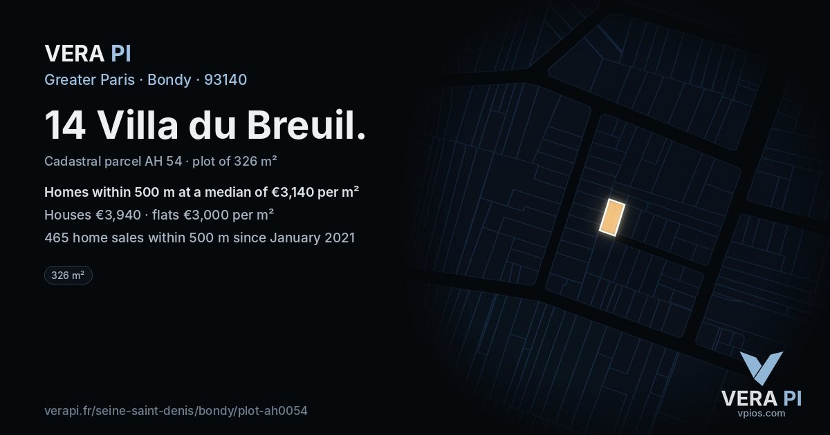 14 Villa du Breuil, Bondy at night – the plot lit, the parcels around coloured by the prices near them