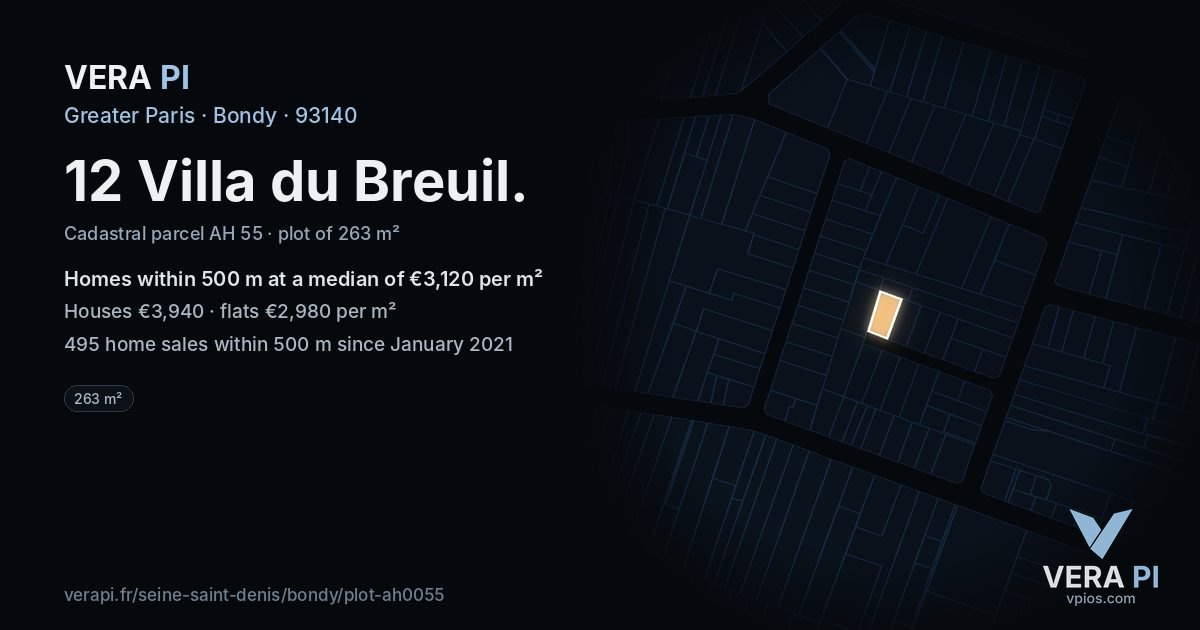 12 Villa du Breuil, Bondy at night – the plot lit, the parcels around coloured by the prices near them