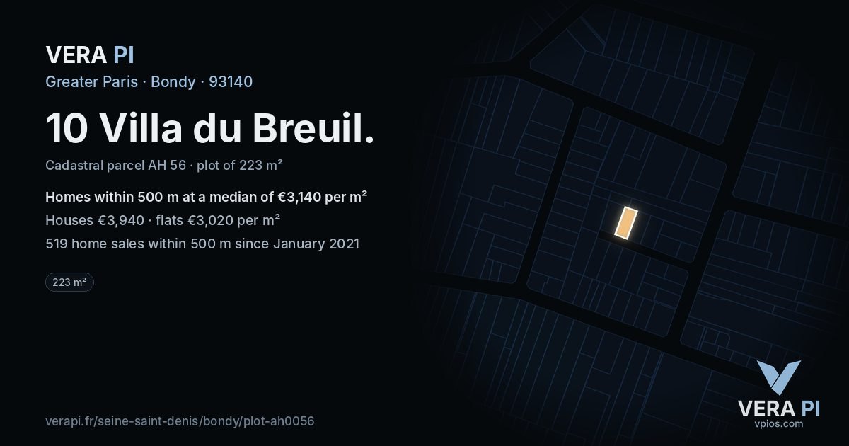 10 Villa du Breuil, Bondy at night – the plot lit, the parcels around coloured by the prices near them