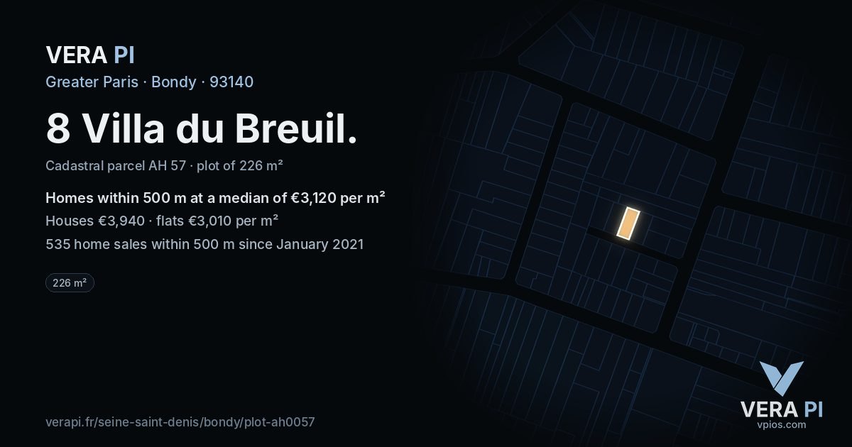 8 Villa du Breuil, Bondy at night – the plot lit, the parcels around coloured by the prices near them