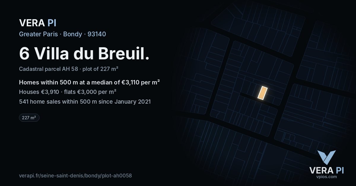 6 Villa du Breuil, Bondy at night – the plot lit, the parcels around coloured by the prices near them