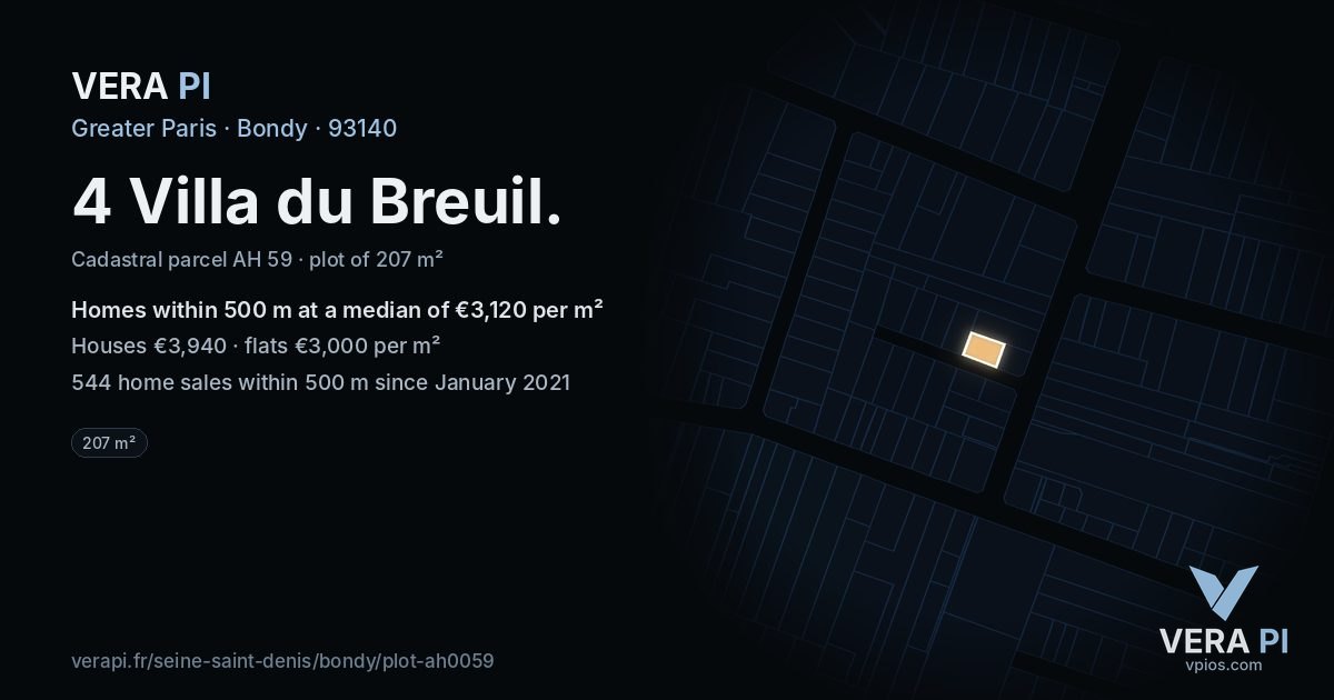 4 Villa du Breuil, Bondy at night – the plot lit, the parcels around coloured by the prices near them