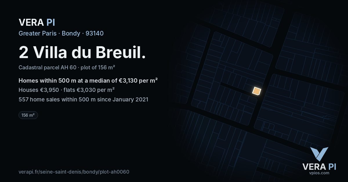 2 Villa du Breuil, Bondy at night – the plot lit, the parcels around coloured by the prices near them