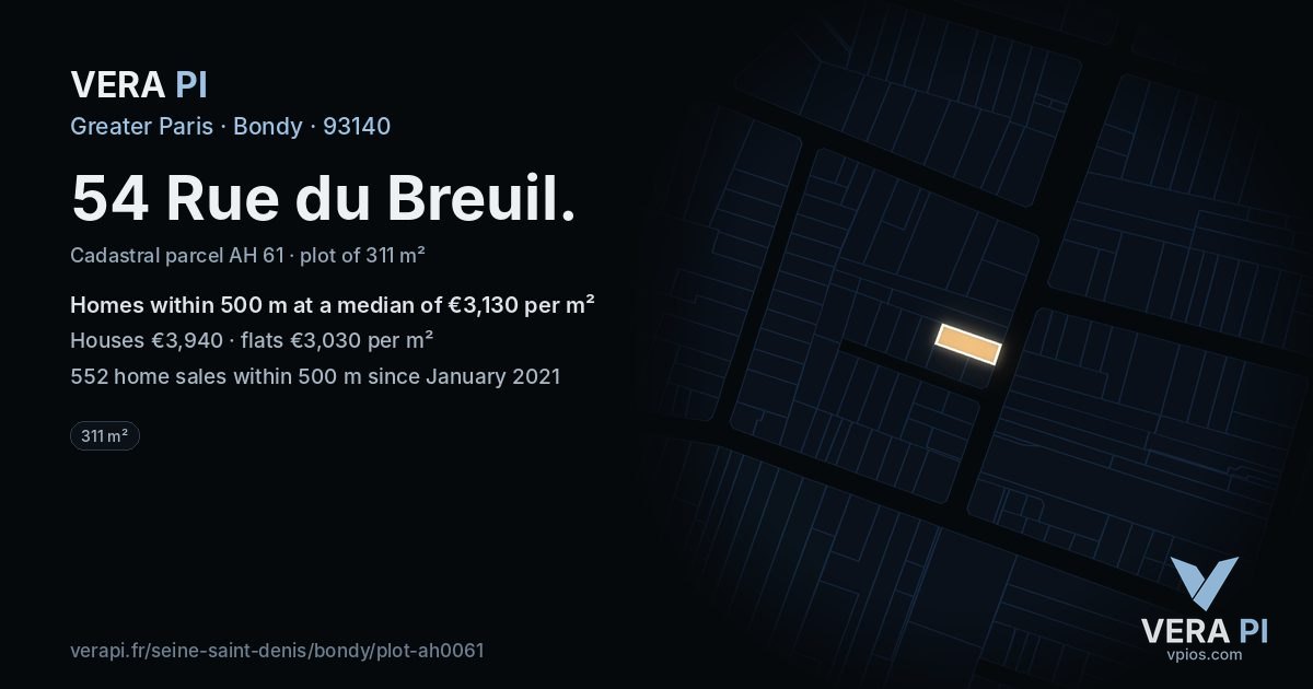 54 Rue du Breuil, Bondy at night – the plot lit, the parcels around coloured by the prices near them