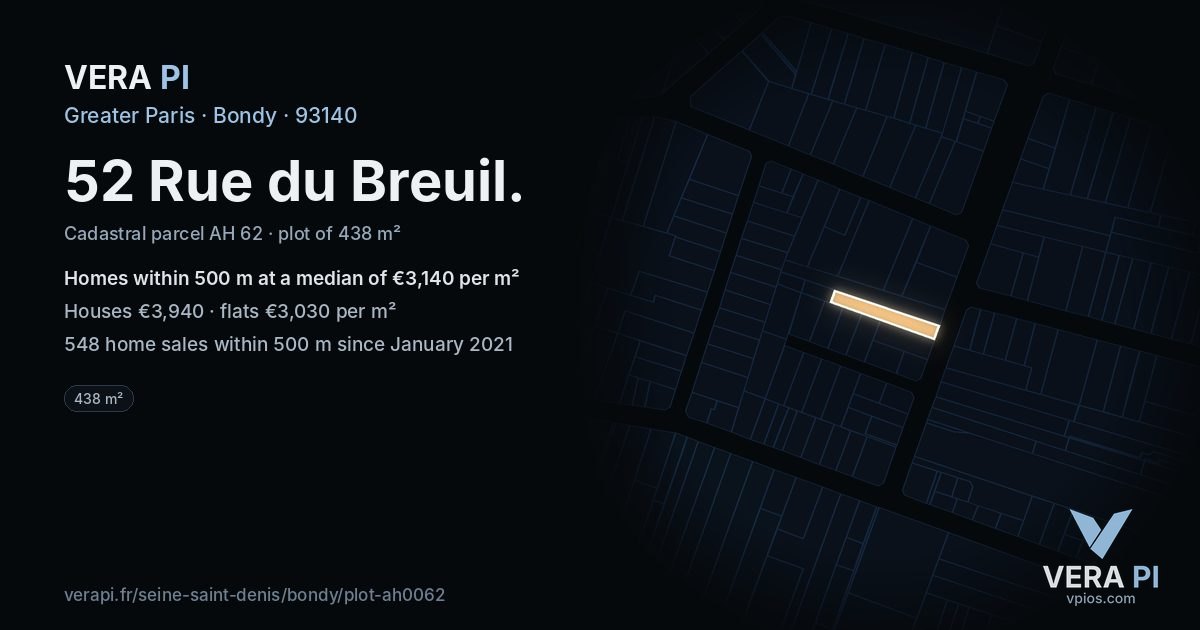 52 Rue du Breuil, Bondy at night – the plot lit, the parcels around coloured by the prices near them