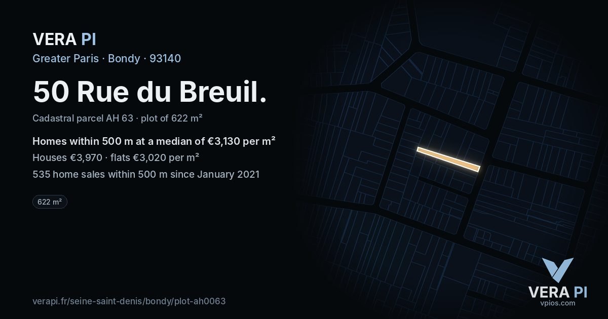 50 Rue du Breuil, Bondy at night – the plot lit, the parcels around coloured by the prices near them