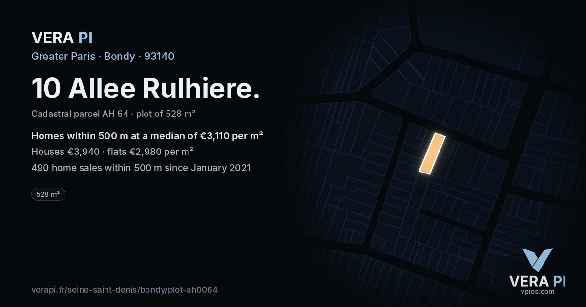 10 Allee Rulhiere, Bondy at night – the plot lit, the parcels around coloured by the prices near them