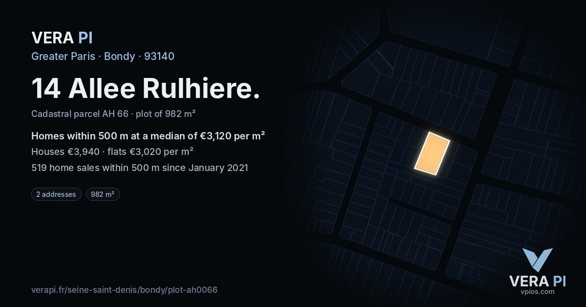 14 Allee Rulhiere, Bondy at night – the plot lit, the parcels around coloured by the prices near them