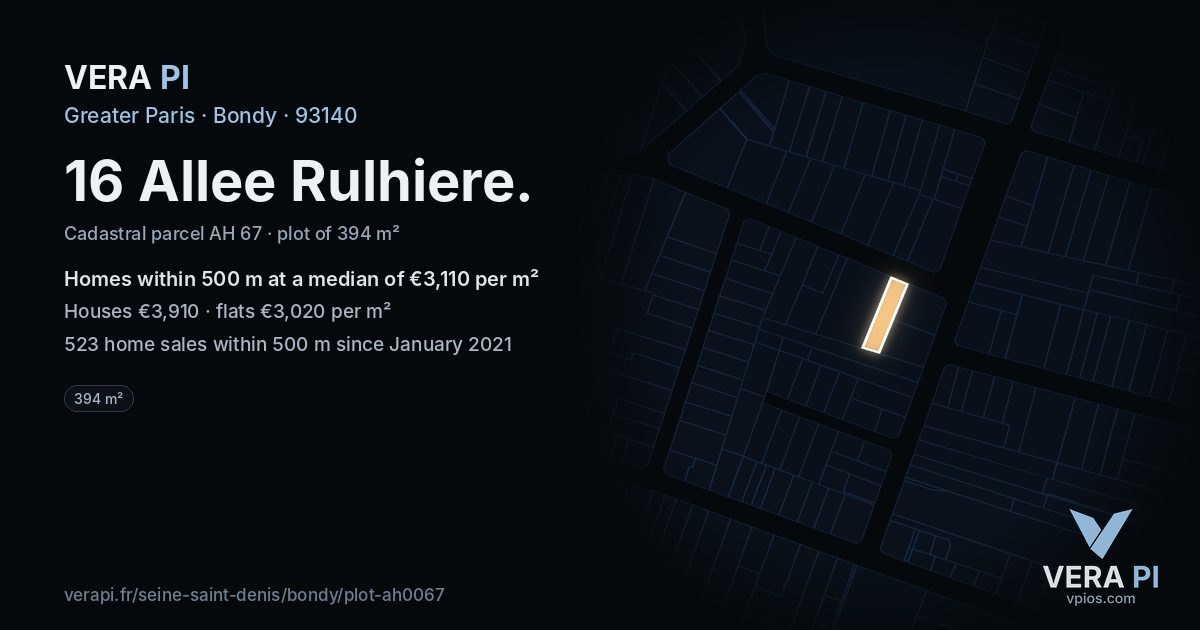 16 Allee Rulhiere, Bondy at night – the plot lit, the parcels around coloured by the prices near them