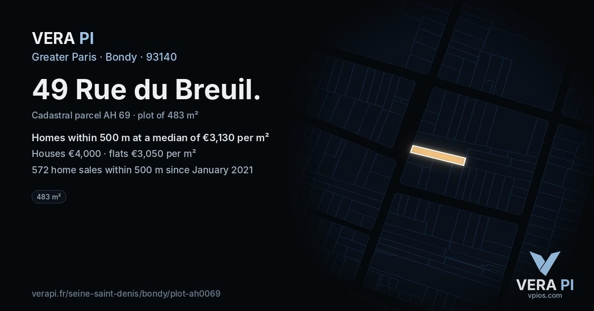 49 Rue du Breuil, Bondy at night – the plot lit, the parcels around coloured by the prices near them