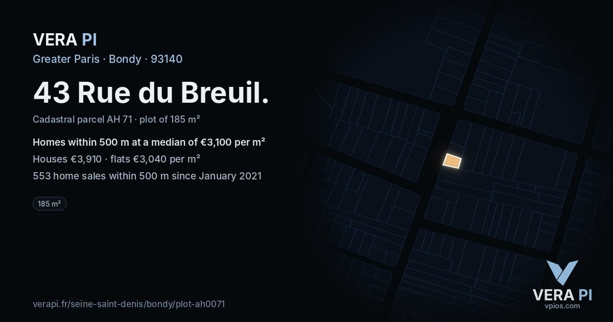 43 Rue du Breuil, Bondy at night – the plot lit, the parcels around coloured by the prices near them