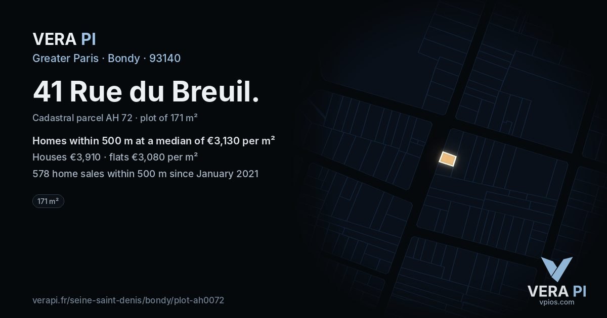 41 Rue du Breuil, Bondy at night – the plot lit, the parcels around coloured by the prices near them