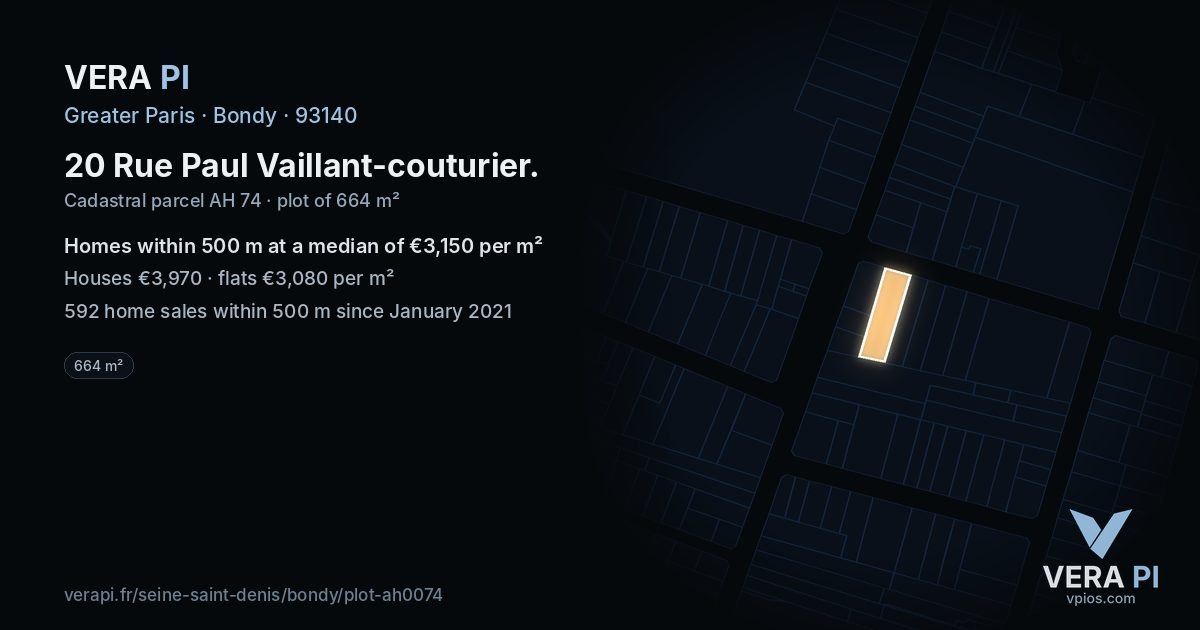 20 Rue Paul Vaillant-couturier, Bondy at night – the plot lit, the parcels around coloured by the prices near them