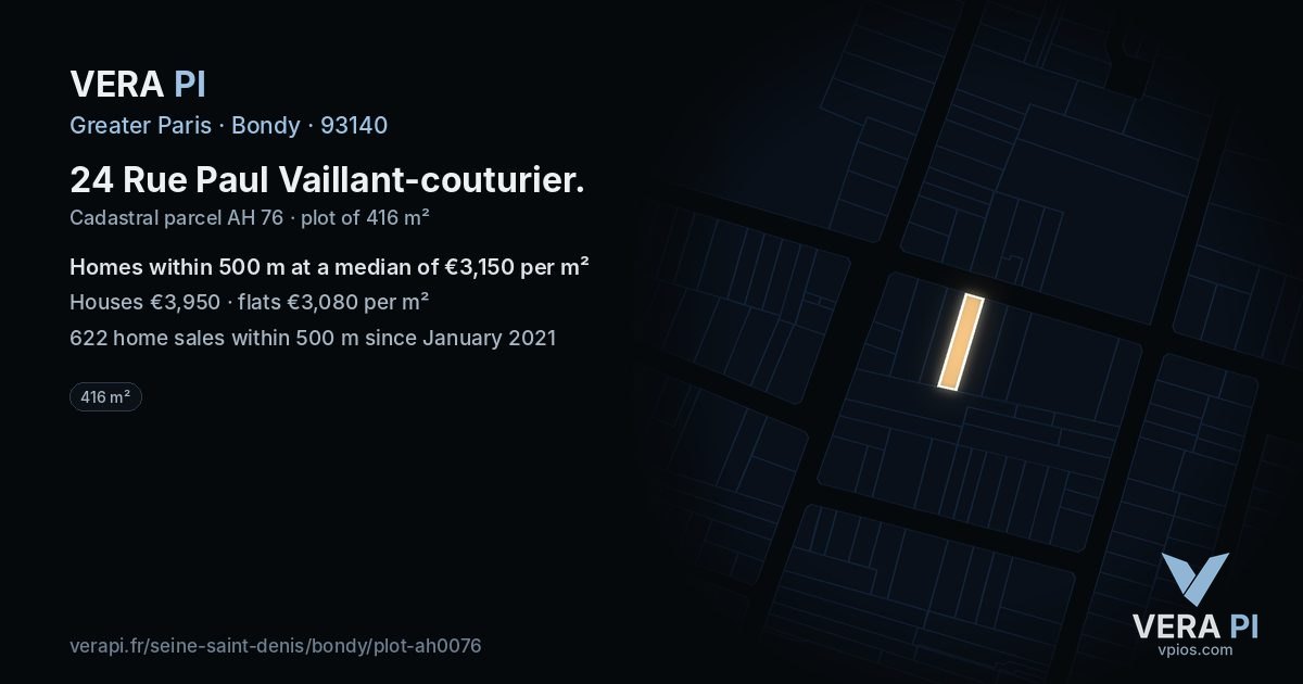 24 Rue Paul Vaillant-couturier, Bondy at night – the plot lit, the parcels around coloured by the prices near them