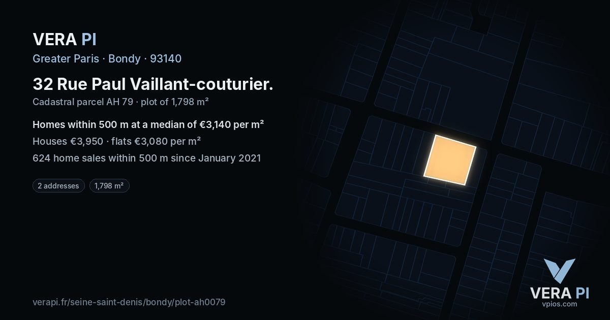 32 Rue Paul Vaillant-couturier, Bondy at night – the plot lit, the parcels around coloured by the prices near them