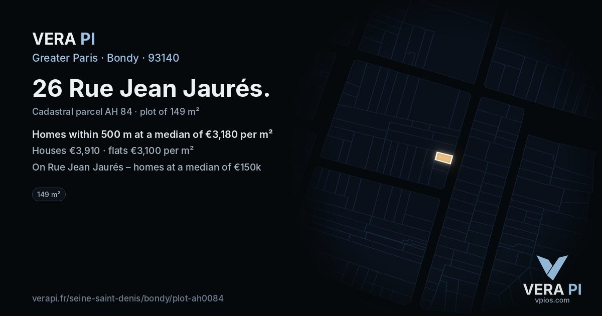 26 Rue Jean Jaurés, Bondy at night – the plot lit, the parcels around coloured by the prices near them
