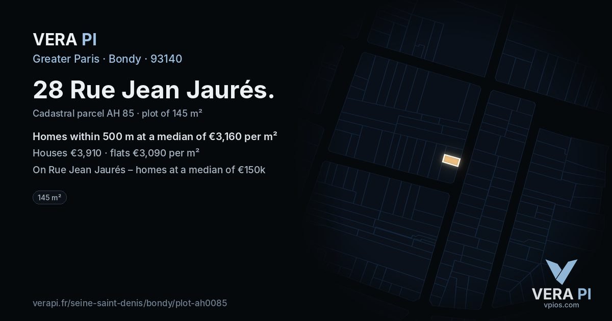 28 Rue Jean Jaurés, Bondy at night – the plot lit, the parcels around coloured by the prices near them