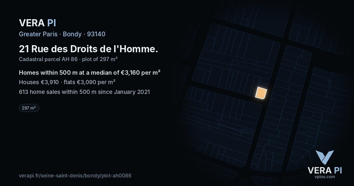 21 Rue des Droits de l'Homme, Bondy at night – the plot lit, the parcels around coloured by the prices near them