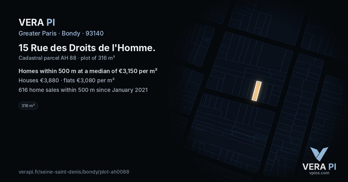 15 Rue des Droits de l'Homme, Bondy at night – the plot lit, the parcels around coloured by the prices near them