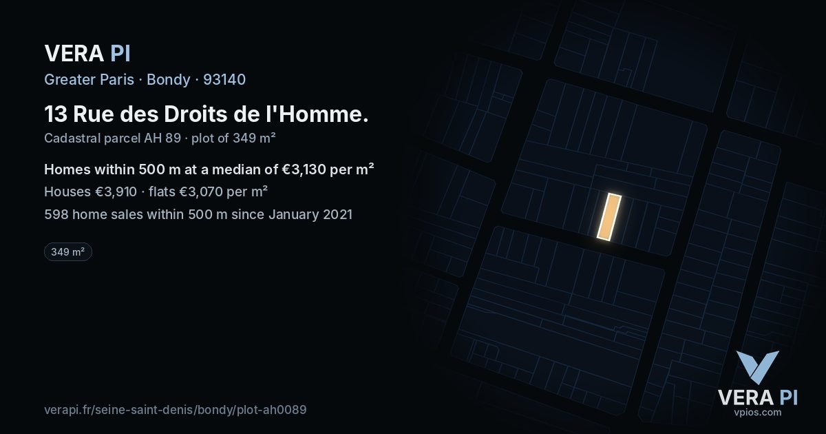 13 Rue des Droits de l'Homme, Bondy at night – the plot lit, the parcels around coloured by the prices near them