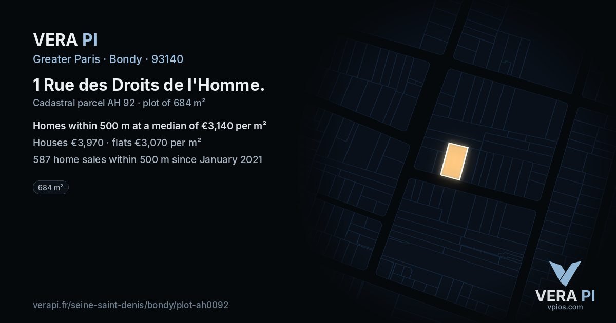 1 Rue des Droits de l'Homme, Bondy at night – the plot lit, the parcels around coloured by the prices near them